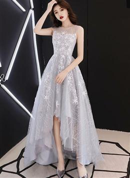 Picture of Light Grey Lace High Low Round Neckline Homecoming Dresses, Pretty Short Prom Dresses